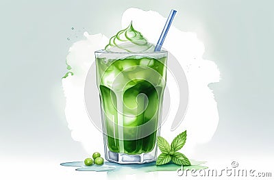 traditional Japanese matcha tea in glass with straw, creamy foam and ice, watercolor illustration Cartoon Illustration