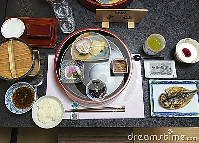Traditional japanese ryokan breakfast Hakone Editorial Stock Photo