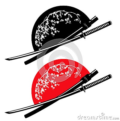 Samurai katana sword and sakura bloom with red sun vector design set Vector Illustration