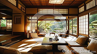 Traditional Japanese style living room mixed with modern . Ai Generative Stock Photo