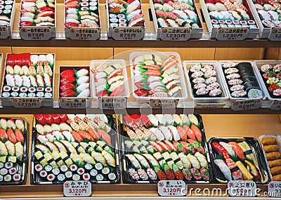 Traditional Japanese sushi and sashimi realistic plastic food display Stock Photo