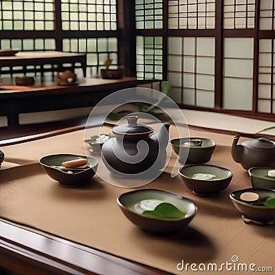 A traditional Japanese tea ceremony with an exquisitely arranged tea set3 Stock Photo
