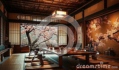 Traditional Japanese tearoom with tatami mats, low wooden table, and sliding shoji doors, showcasing a peaceful cherry blossom Stock Photo