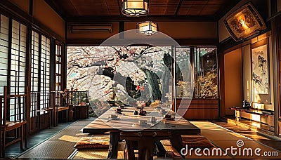 Traditional Japanese tearoom with tatami mats, low wooden table, and sliding shoji doors, showcasing a peaceful cherry blossom Stock Photo