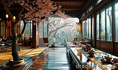 Traditional Japanese tearoom with tatami mats, low wooden table, and sliding shoji doors, showcasing a peaceful cherry blossom Stock Photo