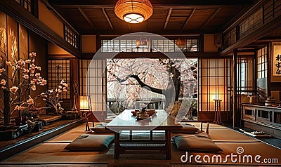 Traditional Japanese tearoom with tatami mats, low wooden table, and sliding shoji doors, showcasing a peaceful cherry blossom Stock Photo