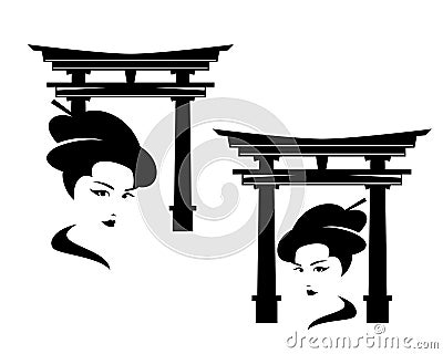 geisha head and japanese torii gate black and white vector design set Vector Illustration