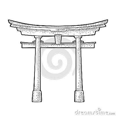 Traditional japanese torii gate in Japan. Vintage black vector engraving Vector Illustration