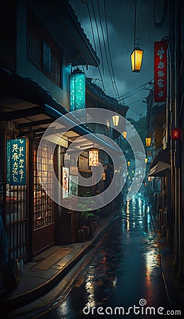 Traditional Japanese Town at Night, Classic, Retro, After the Rain, Illustration, Generative AI Stock Photo