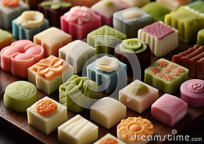 Traditional japanese wagashi sweets with various color and taste on table.Macro.AI Generative Stock Photo
