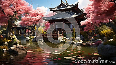 A traditional Japanese wooden house with a beautifully landscaped garden. Stock Photo