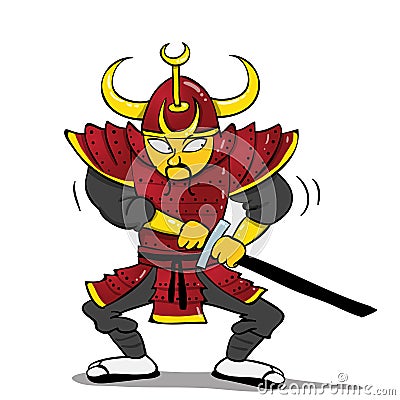 Traditional japanesse samurai in red armour and helmet Vector Illustration