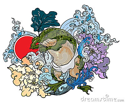 Traditional Japanses Frog tattoo with water wave and peony flower and lotus leaf and red sun.Green Frog with Japanese wave vector Vector Illustration