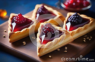 traditional Jewish dish, national Jewish cuisine, Purim pastries, homemade triangular pies with jam and berries, Hamans Stock Photo