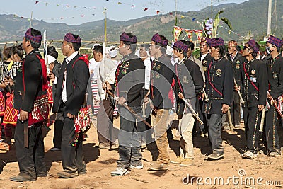 Traditional Jingpo Men at Dance Editorial Stock Photo