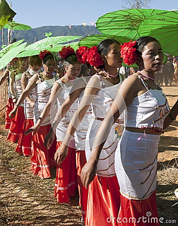 Traditional Jingpo Women with Parasols Editorial Stock Photo