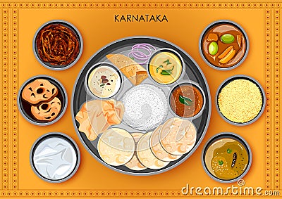 Traditional Karnatakan cuisine and food meal thali Vector Illustration