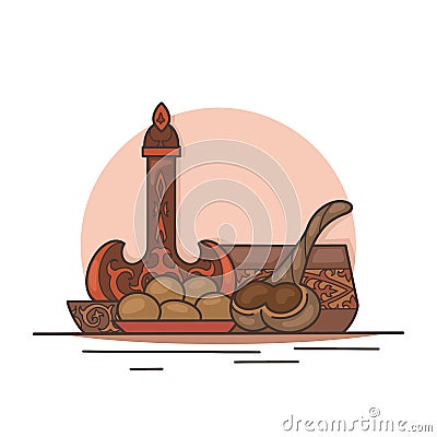 Traditional Kazakh treat for the holiday. Baursaki, koumiss and shubat. National Asian food. Vector contour color illustration Vector Illustration