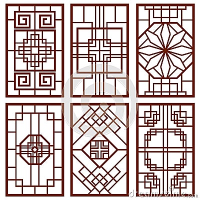 Traditional korean door and window ornament, chinese wall design, japan frames vector set Vector Illustration