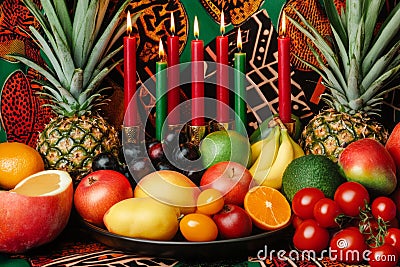 Traditional Kwanzaa symbols on display with kinara, fruits, and vibrant African textiles Stock Photo