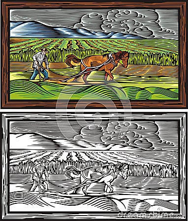 Traditional Land Tilling Vector Illustration Set in Woodcut Style Vector Illustration