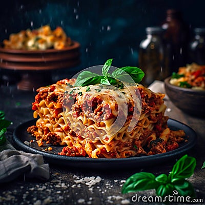 Traditional lasagna with bolognese sauce, covered with basil leaves, served on a plate Stock Photo