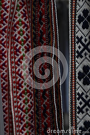 Traditional Latvian belts are belts are made with yarn, precious artefacts, variety of colors, different in Latvian regions. Stock Photo