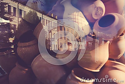 Traditional Latvian pots reflecting in a glass Stock Photo