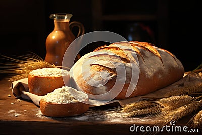 Traditional leavened sourdough bread with rought skin on a rustic wooden table Stock Photo