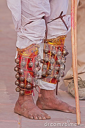 Traditional leg bells worn by an intinerant musician in Rajasthan Stock Photo