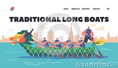 Traditional Long Boats Landing Page Template. Team of Asian Athletes Swim On Dragon Boat. Concept Of Rowing Competition Vector Illustration