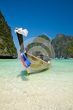 Traditional longtail boat in the famous Maya bay Stock Photo