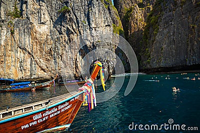 Traditional longtail boat on the way to famous Maya Bay beach in Koh Phi Phi Island, Thailand Editorial Stock Photo