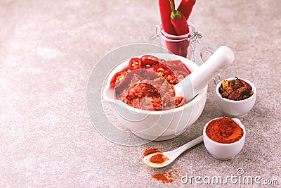 Traditional Maghrebi hot chili pepper sauce paste harissa. adjika Stock Photo