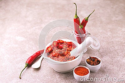 Traditional Maghrebi hot chili pepper sauce paste harissa. adjika Stock Photo