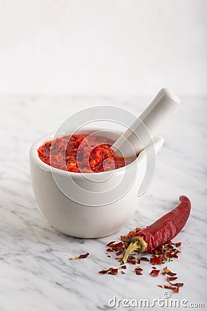 Traditional Maghrebi hot chili pepper sauce paste harissa. Tunisia and Arabic Stock Photo