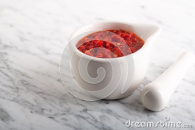 Traditional Maghrebi hot chili pepper sauce paste harissa. Tunisia and Arabic Stock Photo