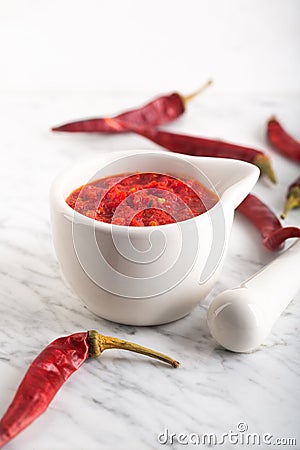 Traditional Maghrebi hot chili pepper sauce paste harissa. Tunisia and Arabic Stock Photo