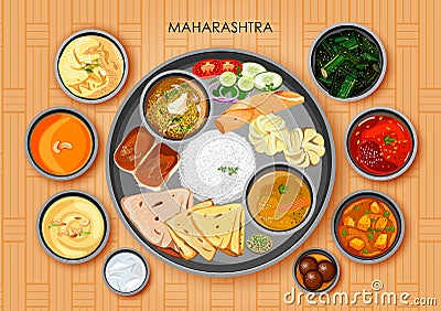 Traditional Maharashtrian cuisine and food meal thali Vector Illustration