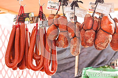 Traditional Majorcan Sobrassada sausage Sobrasada de Mallorca for sale at Sineu market Editorial Stock Photo