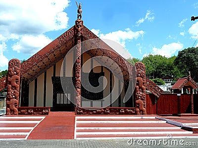 Traditional Maori food house wooden carved with decoration new zealand Editorial Stock Photo