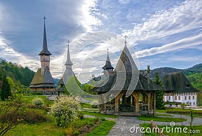 Traditional Maramures wooden architecture of Barsana monastery, Romania Stock Photo
