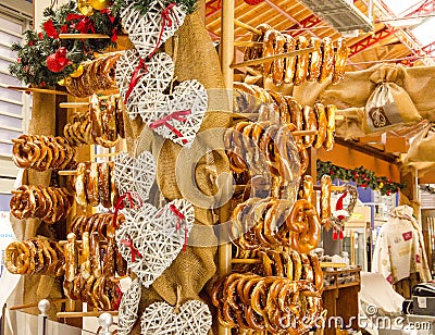 Traditional market in Alsace. Pastry called pretzel. Stock Photo