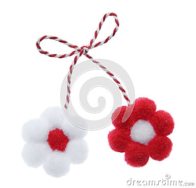 Traditional martisor with flowers on white background. Beginning of spring celebration Stock Photo
