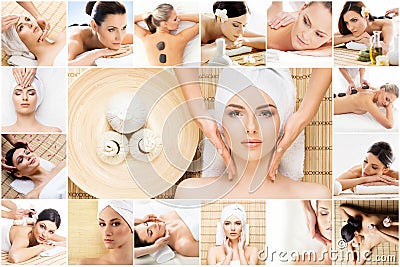 Traditional massage and healthcare treatment in spa. Young, beautiful and healthy girls having therapy. Collage Stock Photo