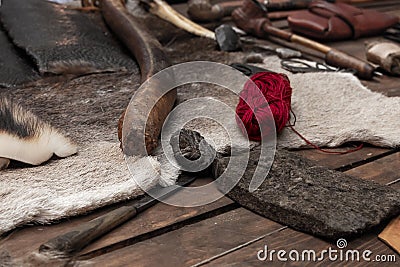 Traditional material tanner skinning yarn tools set manual production Stock Photo