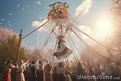 Traditional Maypole dance performed by a Stock Photo