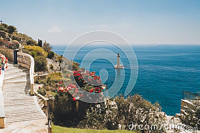 Traditional mediterranean white house with pool on hill with stunning sea view. Summer vacation background Stock Photo