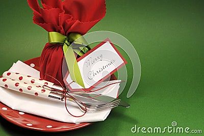 Traditional Merry Christmas dinner table place setting with plum pudding, with copy space Stock Photo