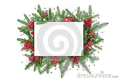 Traditional merry christmas frame with copy space in red colors. Christmas background with wreath and blank white paper sheet over Stock Photo